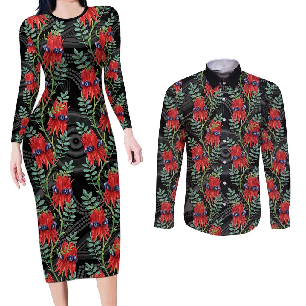 Australia Sturt's Desert Pea Couples Matching Long Sleeve Bodycon Dress and Long Sleeve Button Shirt Aussie Native Flowers Indigenous Art - Aussie Hoodie