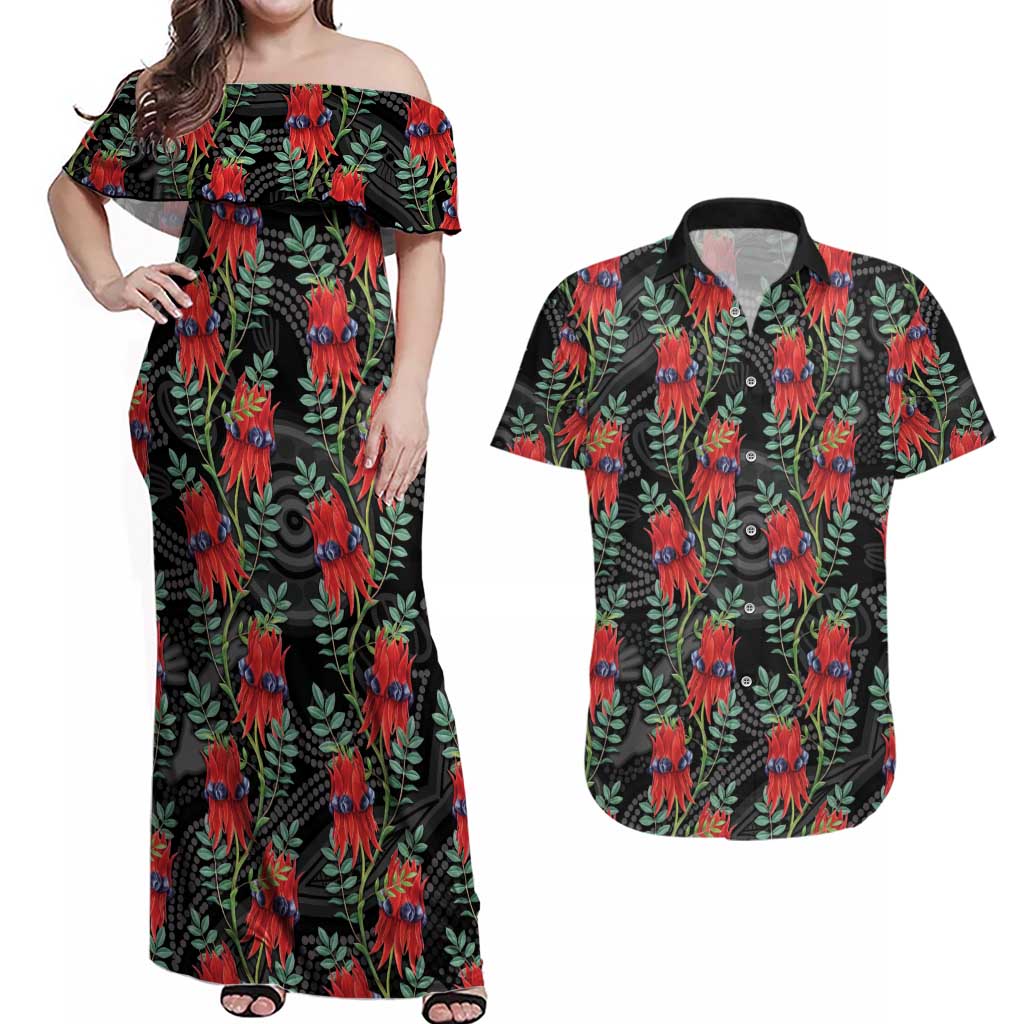 Australia Sturt's Desert Pea Couples Matching Off Shoulder Maxi Dress and Hawaiian Shirt Aussie Native Flowers Indigenous Art - Aussie Hoodie