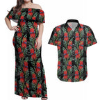 Australia Sturt's Desert Pea Couples Matching Off Shoulder Maxi Dress and Hawaiian Shirt Aussie Native Flowers Indigenous Art - Aussie Hoodie