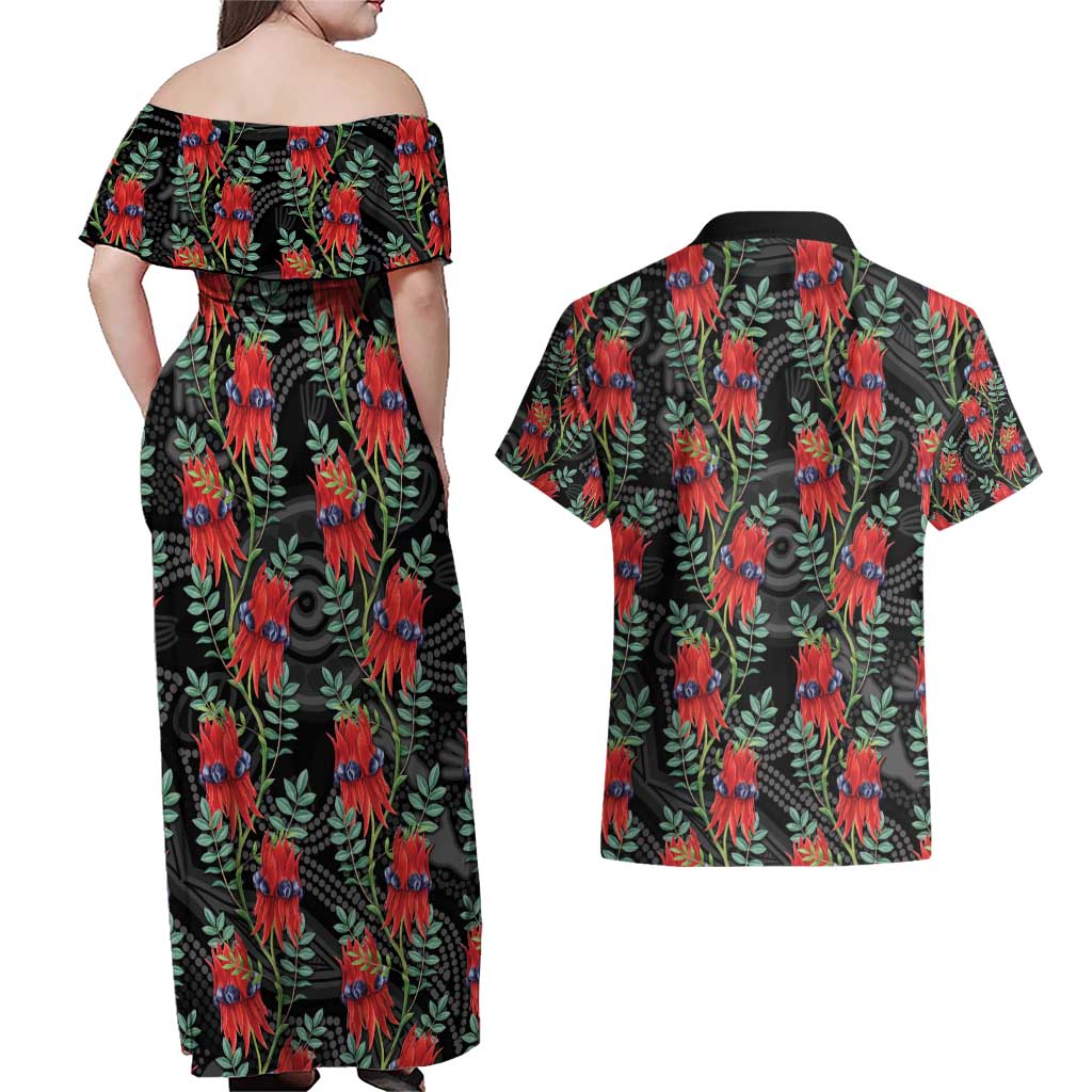 Australia Sturt's Desert Pea Couples Matching Off Shoulder Maxi Dress and Hawaiian Shirt Aussie Native Flowers Indigenous Art - Aussie Hoodie