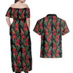 Australia Sturt's Desert Pea Couples Matching Off Shoulder Maxi Dress and Hawaiian Shirt Aussie Native Flowers Indigenous Art - Aussie Hoodie