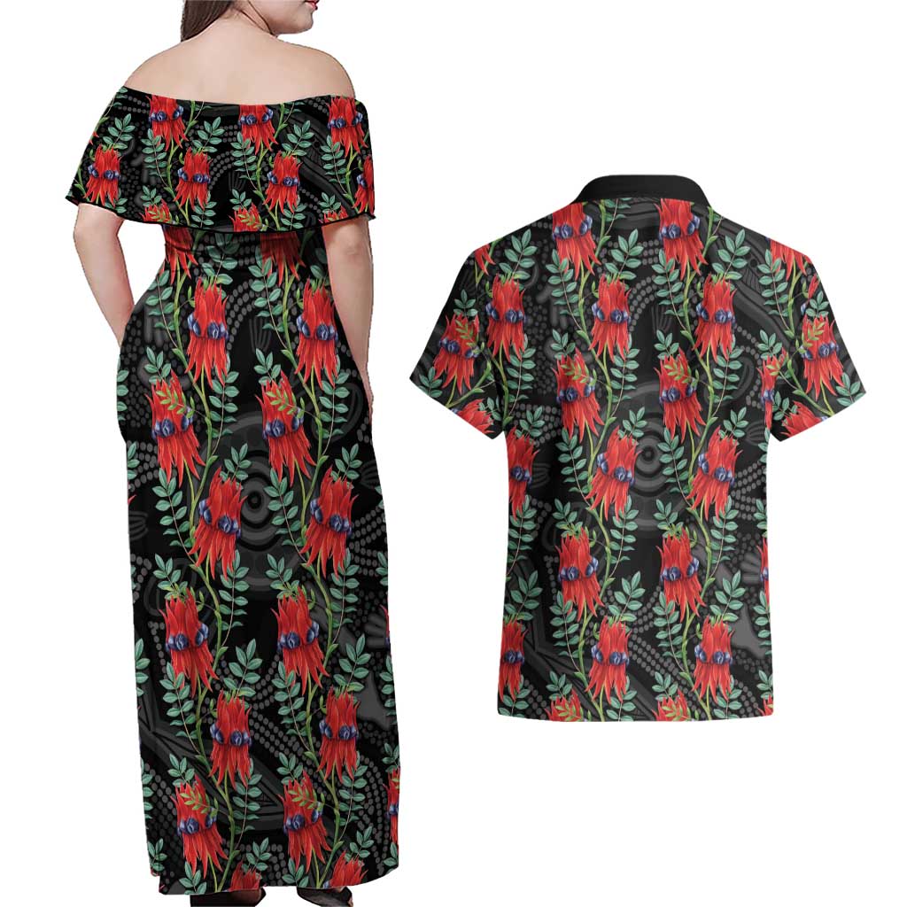 Australia Sturt's Desert Pea Couples Matching Off Shoulder Maxi Dress and Hawaiian Shirt Aussie Native Flowers Indigenous Art - Aussie Hoodie