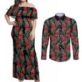Australia Sturt's Desert Pea Couples Matching Off Shoulder Maxi Dress and Long Sleeve Button Shirt Aussie Native Flowers Indigenous Art - Aussie Hoodie