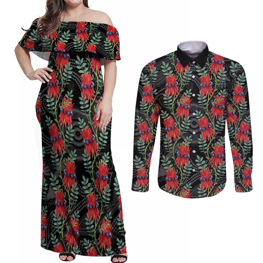Australia Sturt's Desert Pea Couples Matching Off Shoulder Maxi Dress and Long Sleeve Button Shirt Aussie Native Flowers Indigenous Art - Aussie Hoodie