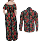 Australia Sturt's Desert Pea Couples Matching Off Shoulder Maxi Dress and Long Sleeve Button Shirt Aussie Native Flowers Indigenous Art - Aussie Hoodie