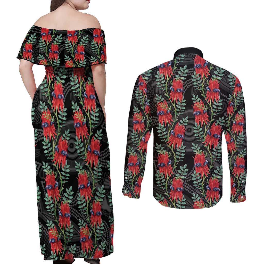 Australia Sturt's Desert Pea Couples Matching Off Shoulder Maxi Dress and Long Sleeve Button Shirt Aussie Native Flowers Indigenous Art - Aussie Hoodie