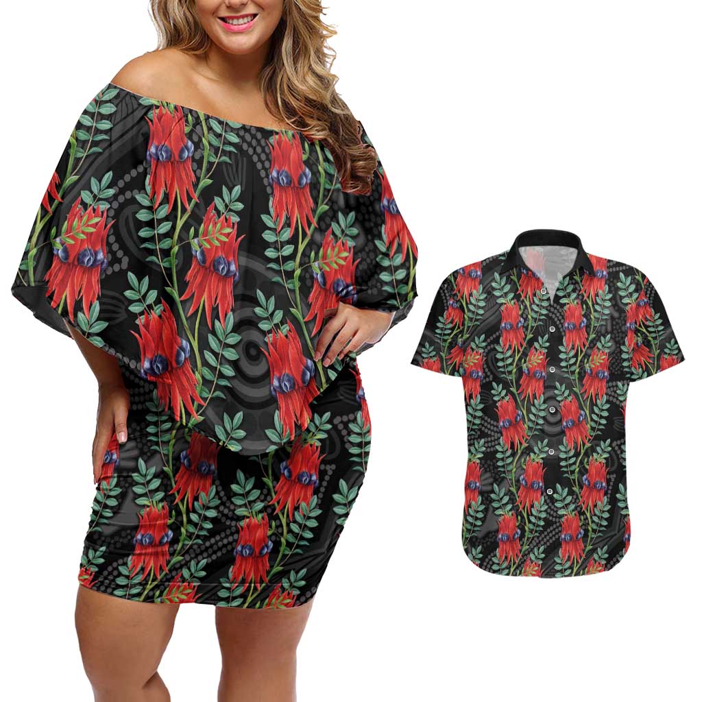 Australia Sturt's Desert Pea Couples Matching Off Shoulder Short Dress and Hawaiian Shirt Aussie Native Flowers Indigenous Art - Aussie Hoodie