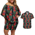 Australia Sturt's Desert Pea Couples Matching Off Shoulder Short Dress and Hawaiian Shirt Aussie Native Flowers Indigenous Art - Aussie Hoodie