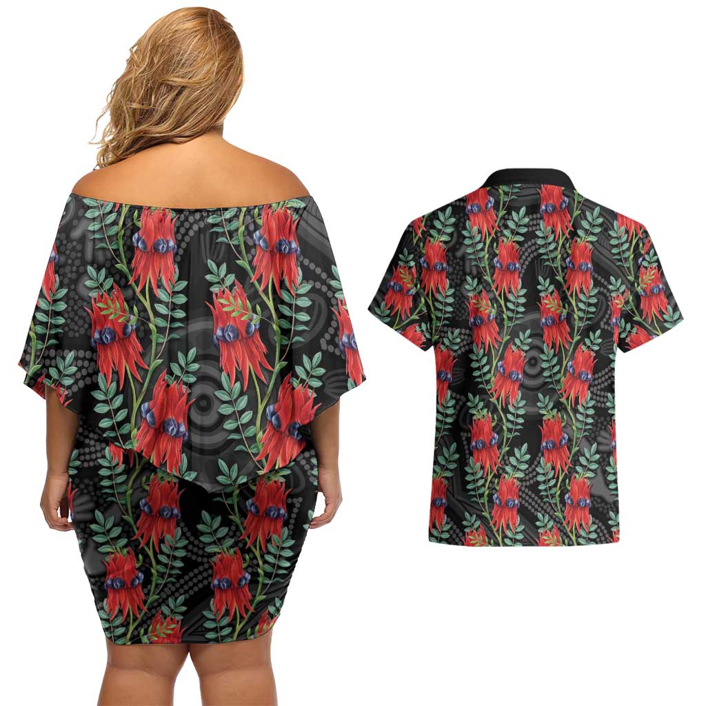 Australia Sturt's Desert Pea Couples Matching Off Shoulder Short Dress and Hawaiian Shirt Aussie Native Flowers Indigenous Art - Aussie Hoodie