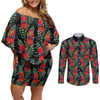 Australia Sturt's Desert Pea Couples Matching Off Shoulder Short Dress and Long Sleeve Button Shirt Aussie Native Flowers Indigenous Art - Aussie Hoodie