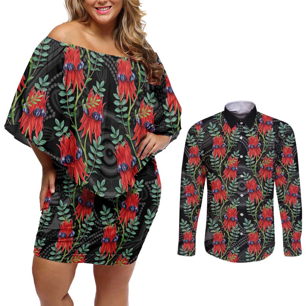 Australia Sturt's Desert Pea Couples Matching Off Shoulder Short Dress and Long Sleeve Button Shirt Aussie Native Flowers Indigenous Art - Aussie Hoodie
