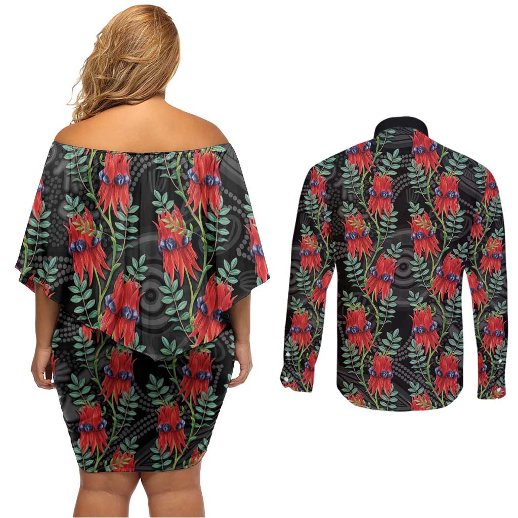 Australia Sturt's Desert Pea Couples Matching Off Shoulder Short Dress and Long Sleeve Button Shirt Aussie Native Flowers Indigenous Art - Aussie Hoodie