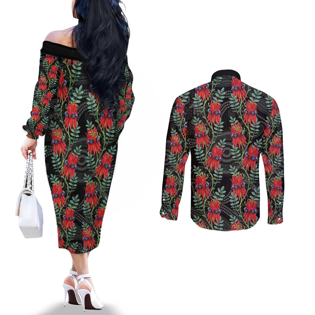 Australia Sturt's Desert Pea Couples Matching Off The Shoulder Long Sleeve Dress and Long Sleeve Button Shirt Aussie Native Flowers Indigenous Art - Aussie Hoodie