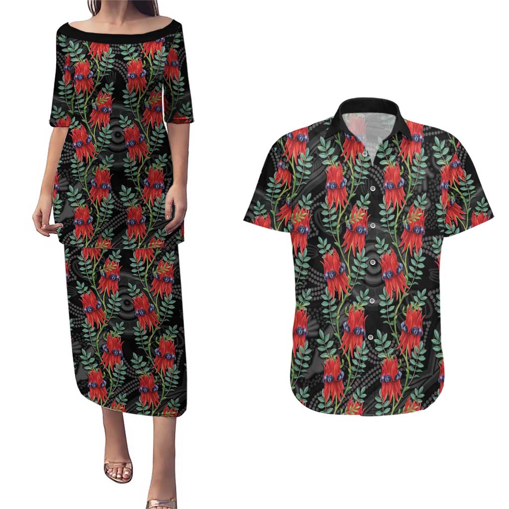 Australia Sturt's Desert Pea Couples Matching Puletasi and Hawaiian Shirt Aussie Native Flowers Indigenous Art - Aussie Hoodie