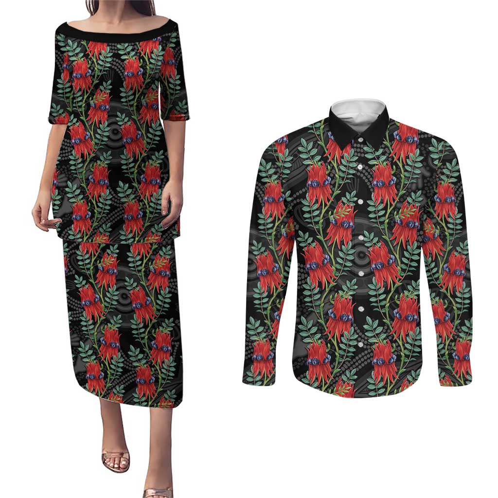 Australia Sturt's Desert Pea Couples Matching Puletasi and Long Sleeve Button Shirt Aussie Native Flowers Indigenous Art - Aussie Hoodie