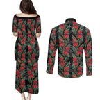 Australia Sturt's Desert Pea Couples Matching Puletasi and Long Sleeve Button Shirt Aussie Native Flowers Indigenous Art - Aussie Hoodie