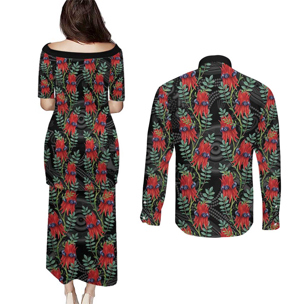 Australia Sturt's Desert Pea Couples Matching Puletasi and Long Sleeve Button Shirt Aussie Native Flowers Indigenous Art - Aussie Hoodie