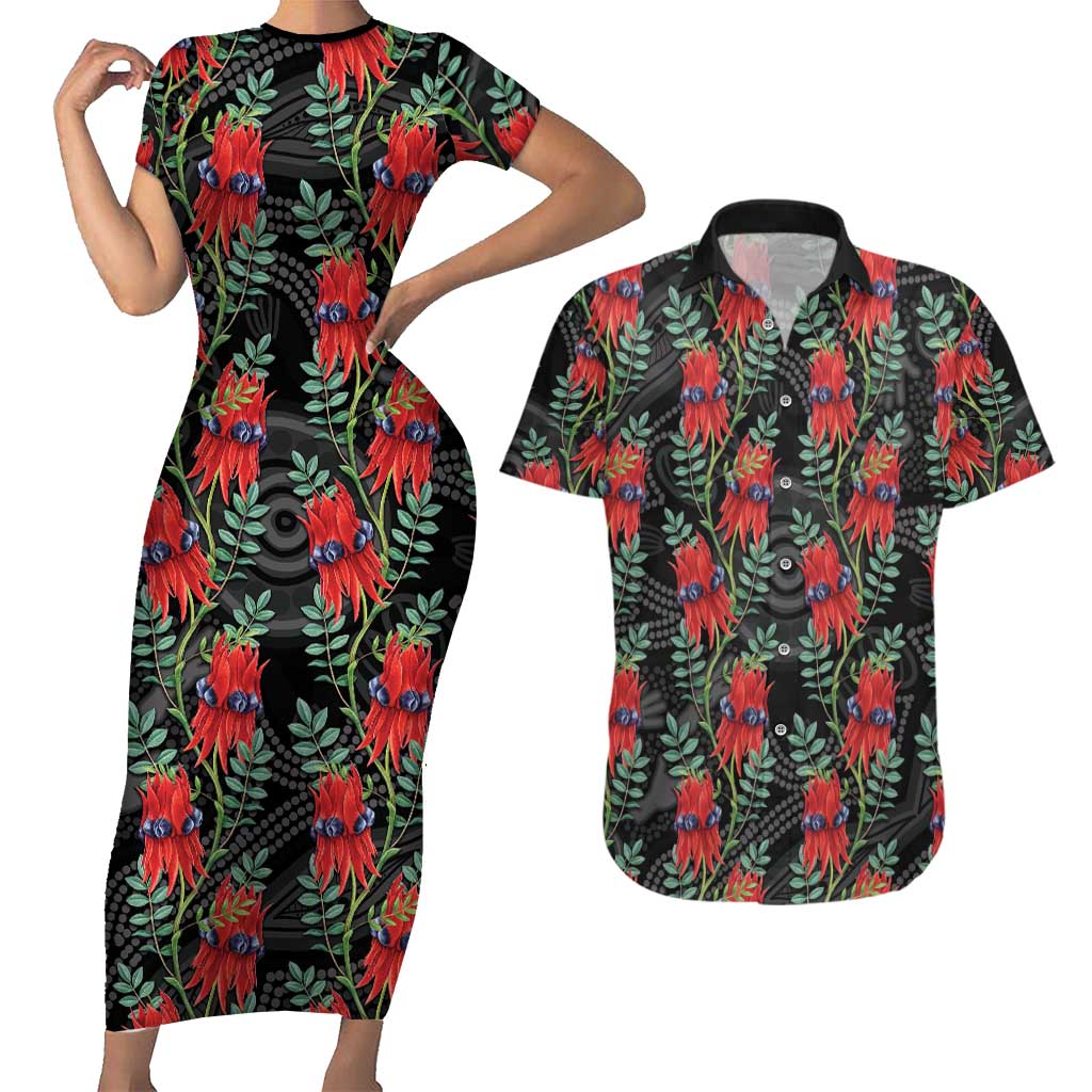 Australia Sturt's Desert Pea Couples Matching Short Sleeve Bodycon Dress and Hawaiian Shirt Aussie Native Flowers Indigenous Art - Aussie Hoodie