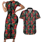 Australia Sturt's Desert Pea Couples Matching Short Sleeve Bodycon Dress and Hawaiian Shirt Aussie Native Flowers Indigenous Art - Aussie Hoodie