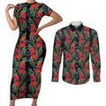 Australia Sturt's Desert Pea Couples Matching Short Sleeve Bodycon Dress and Long Sleeve Button Shirt Aussie Native Flowers Indigenous Art - Aussie Hoodie