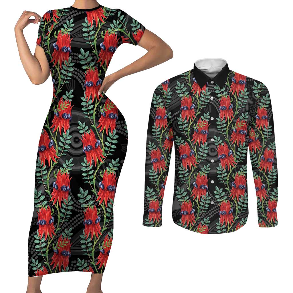 Australia Sturt's Desert Pea Couples Matching Short Sleeve Bodycon Dress and Long Sleeve Button Shirt Aussie Native Flowers Indigenous Art - Aussie Hoodie