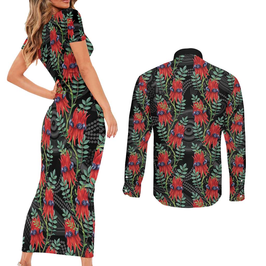 Australia Sturt's Desert Pea Couples Matching Short Sleeve Bodycon Dress and Long Sleeve Button Shirt Aussie Native Flowers Indigenous Art - Aussie Hoodie
