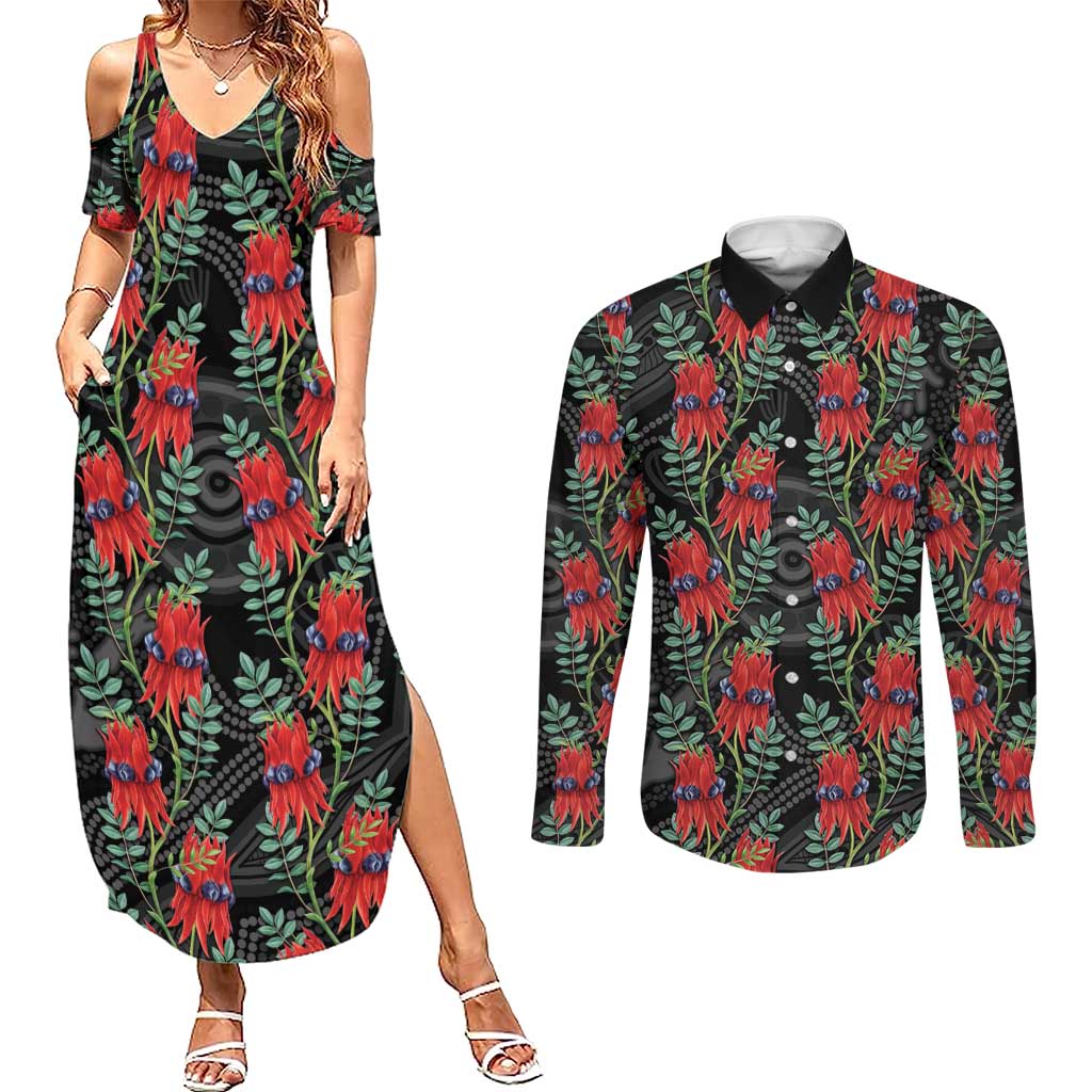 Australia Sturt's Desert Pea Couples Matching Summer Maxi Dress and Long Sleeve Button Shirt Aussie Native Flowers Indigenous Art - Aussie Hoodie