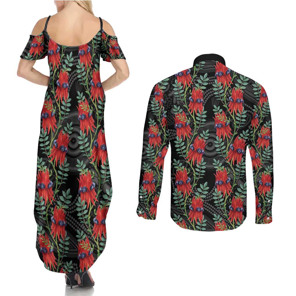 Australia Sturt's Desert Pea Couples Matching Summer Maxi Dress and Long Sleeve Button Shirt Aussie Native Flowers Indigenous Art - Aussie Hoodie