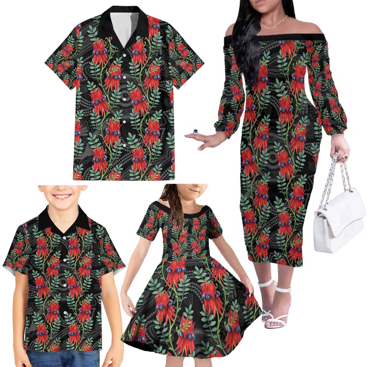 Australia Sturt's Desert Pea Family Matching Off The Shoulder Long Sleeve Dress and Hawaiian Shirt Aussie Native Flowers Indigenous Art - Aussie Hoodie