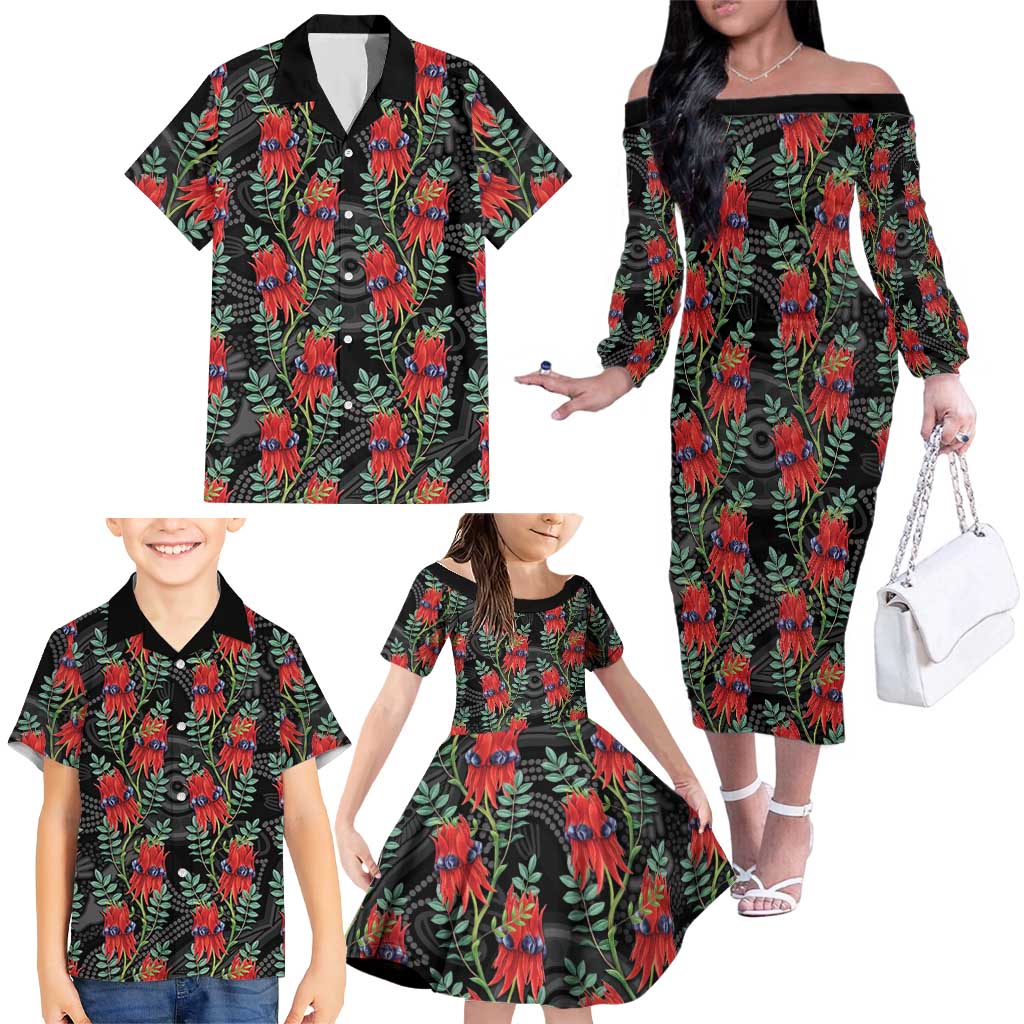 Australia Sturt's Desert Pea Family Matching Off The Shoulder Long Sleeve Dress and Hawaiian Shirt Aussie Native Flowers Indigenous Art - Aussie Hoodie