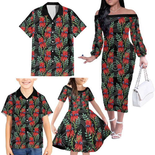 Australia Sturt's Desert Pea Family Matching Off The Shoulder Long Sleeve Dress and Hawaiian Shirt Aussie Native Flowers Indigenous Art - Aussie Hoodie