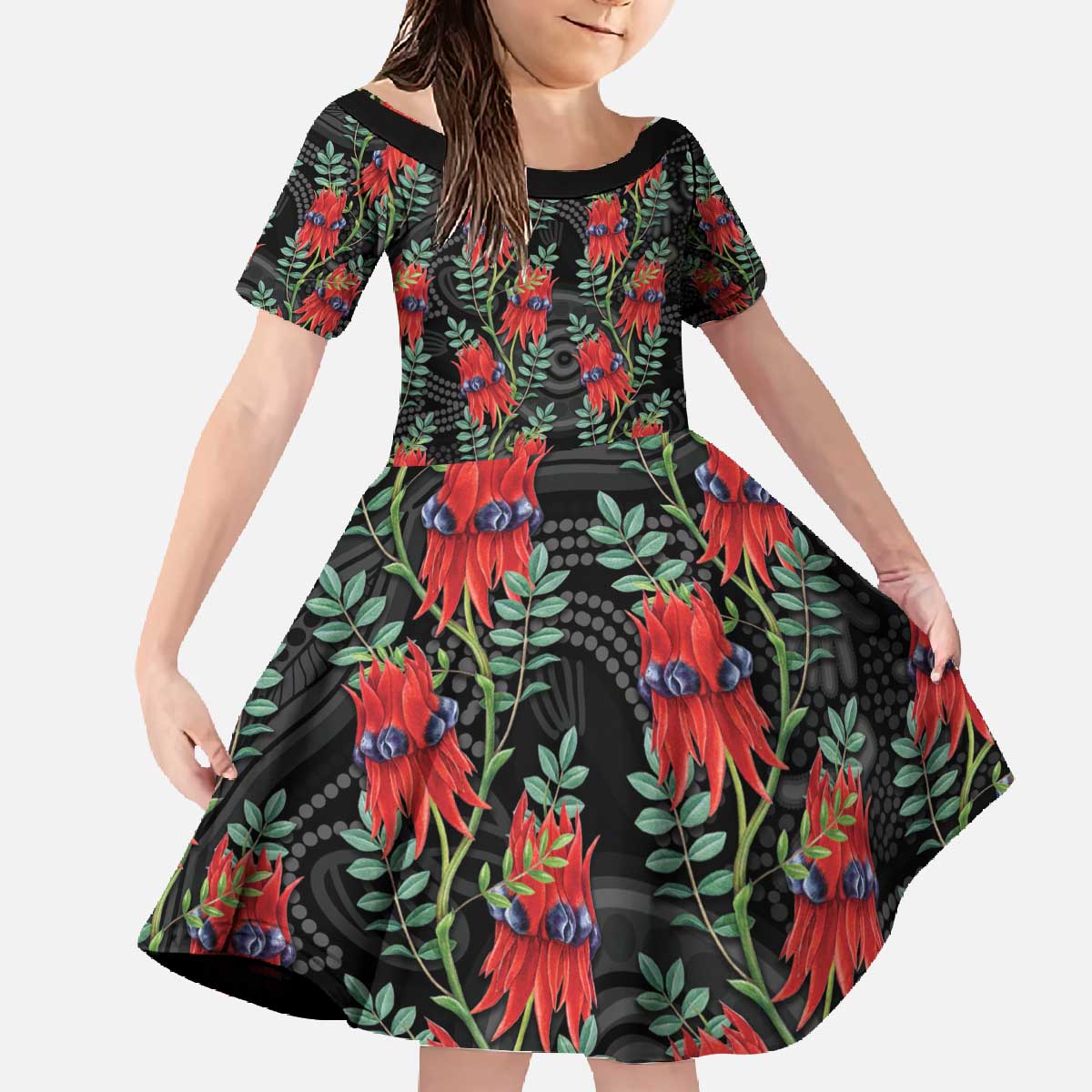 Australia Sturt's Desert Pea Family Matching Off The Shoulder Long Sleeve Dress and Hawaiian Shirt Aussie Native Flowers Indigenous Art - Aussie Hoodie