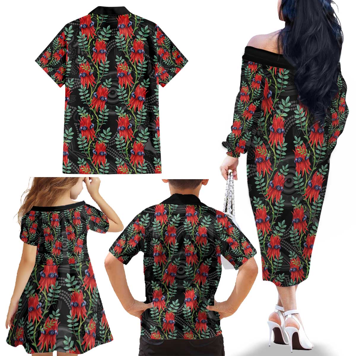 Australia Sturt's Desert Pea Family Matching Off The Shoulder Long Sleeve Dress and Hawaiian Shirt Aussie Native Flowers Indigenous Art - Aussie Hoodie