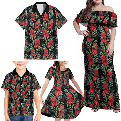 Australia Sturt's Desert Pea Family Matching Off Shoulder Maxi Dress and Hawaiian Shirt Aussie Native Flowers Indigenous Art - Aussie Hoodie