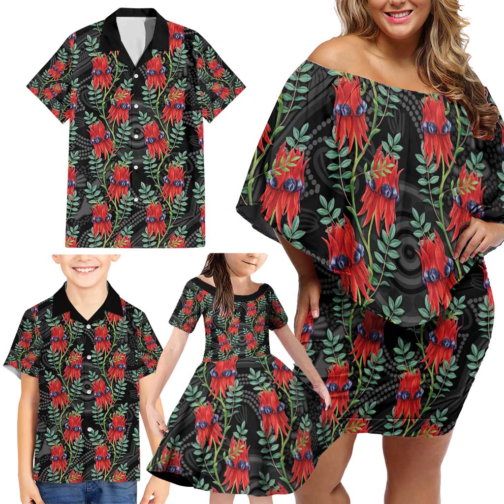 Australia Sturt's Desert Pea Family Matching Off Shoulder Short Dress and Hawaiian Shirt Aussie Native Flowers Indigenous Art - Aussie Hoodie