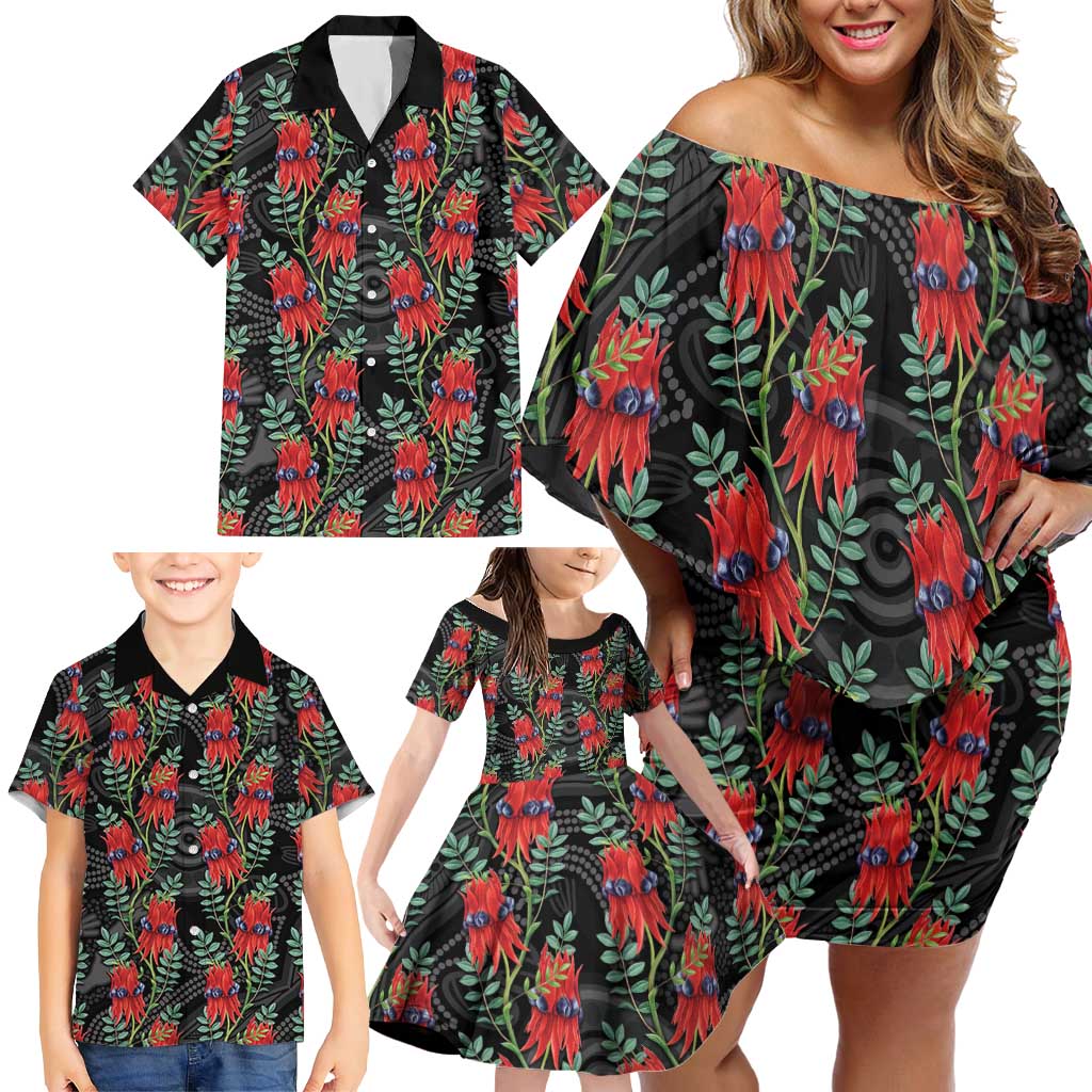 Australia Sturt's Desert Pea Family Matching Off Shoulder Short Dress and Hawaiian Shirt Aussie Native Flowers Indigenous Art - Aussie Hoodie