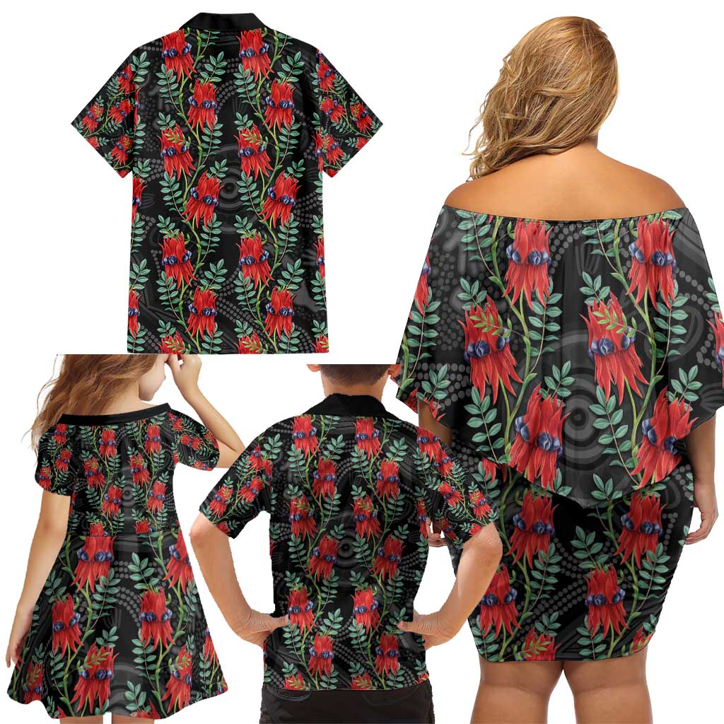 Australia Sturt's Desert Pea Family Matching Off Shoulder Short Dress and Hawaiian Shirt Aussie Native Flowers Indigenous Art - Aussie Hoodie