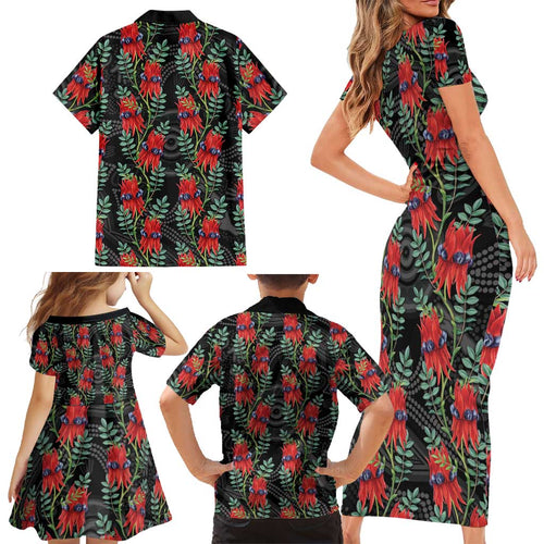 Australia Sturt's Desert Pea Family Matching Short Sleeve Bodycon Dress and Hawaiian Shirt Aussie Native Flowers Indigenous Art - Aussie Hoodie