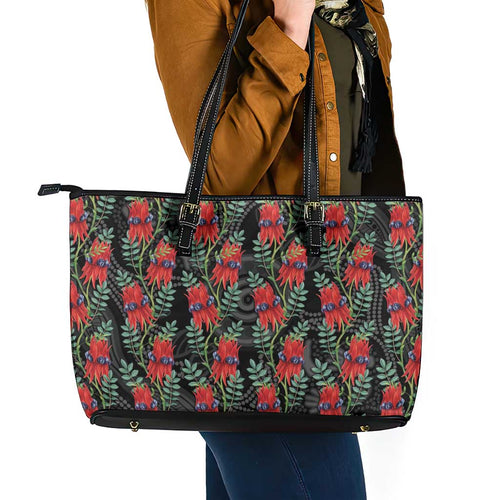 Australia Sturt's Desert Pea Leather Tote Bag Aussie Native Flowers Indigenous Art - Aussie Hoodie