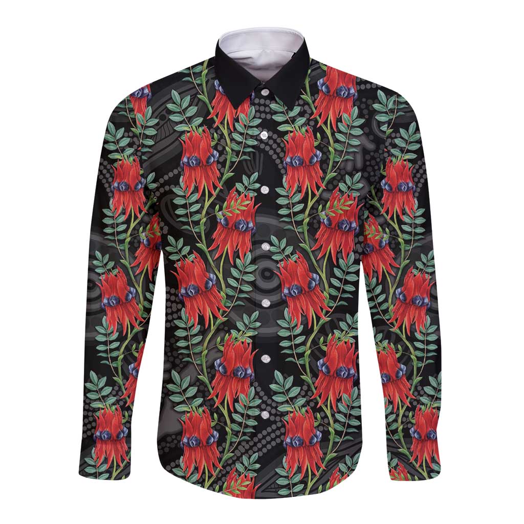 Australia Sturt's Desert Pea Long Sleeve Button Shirt Aussie Native Flowers Indigenous Art - Aussie Hoodie
