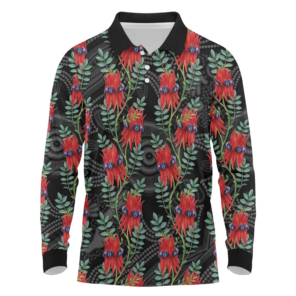 Australia Sturt's Desert Pea Long Sleeve Polo Shirt Aussie Native Flowers Indigenous Art - Aussie Hoodie