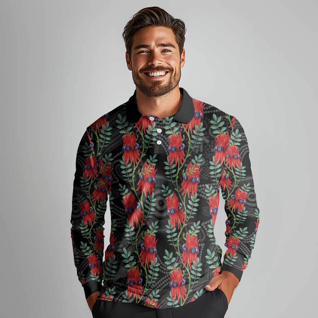 Australia Sturt's Desert Pea Long Sleeve Polo Shirt Aussie Native Flowers Indigenous Art - Aussie Hoodie