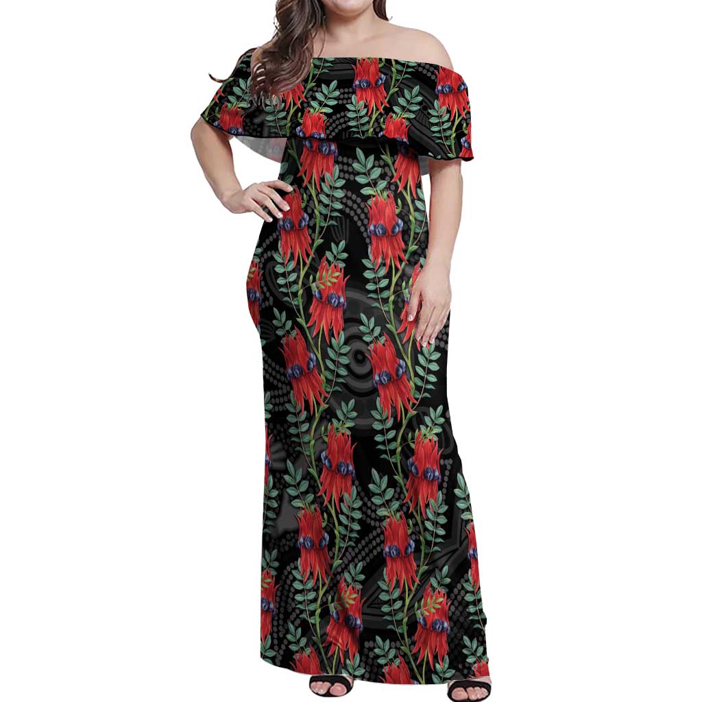 Australia Sturt's Desert Pea Off Shoulder Maxi Dress Aussie Native Flowers Indigenous Art - Aussie Hoodie