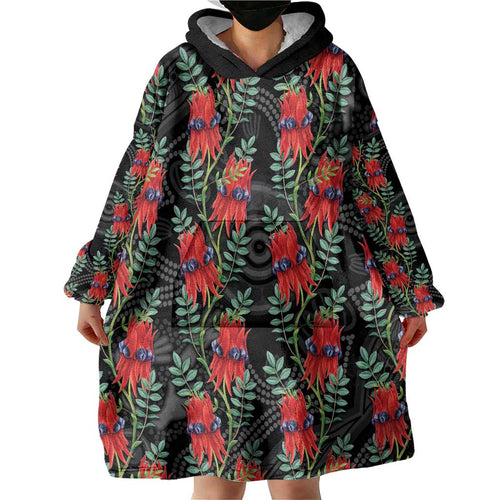 Australia Sturt's Desert Pea Wearable Blanket Hoodie Aussie Native Flowers Indigenous Art - Aussie Hoodie