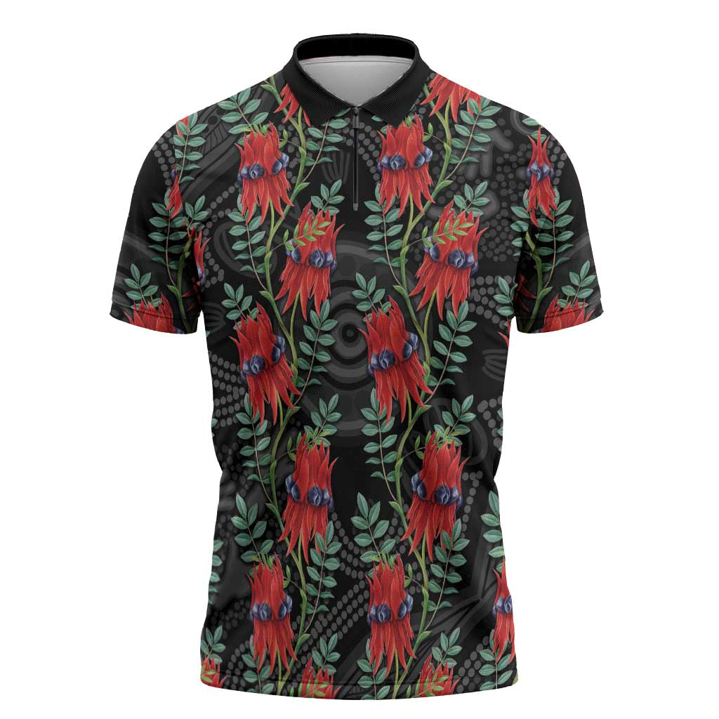 Australia Sturt's Desert Pea Zipper Polo Shirt Aussie Native Flowers Indigenous Art - Aussie Hoodie