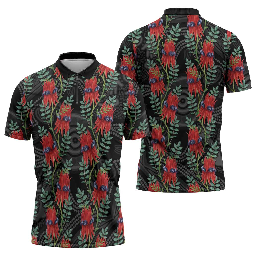 Australia Sturt's Desert Pea Zipper Polo Shirt Aussie Native Flowers Indigenous Art - Aussie Hoodie