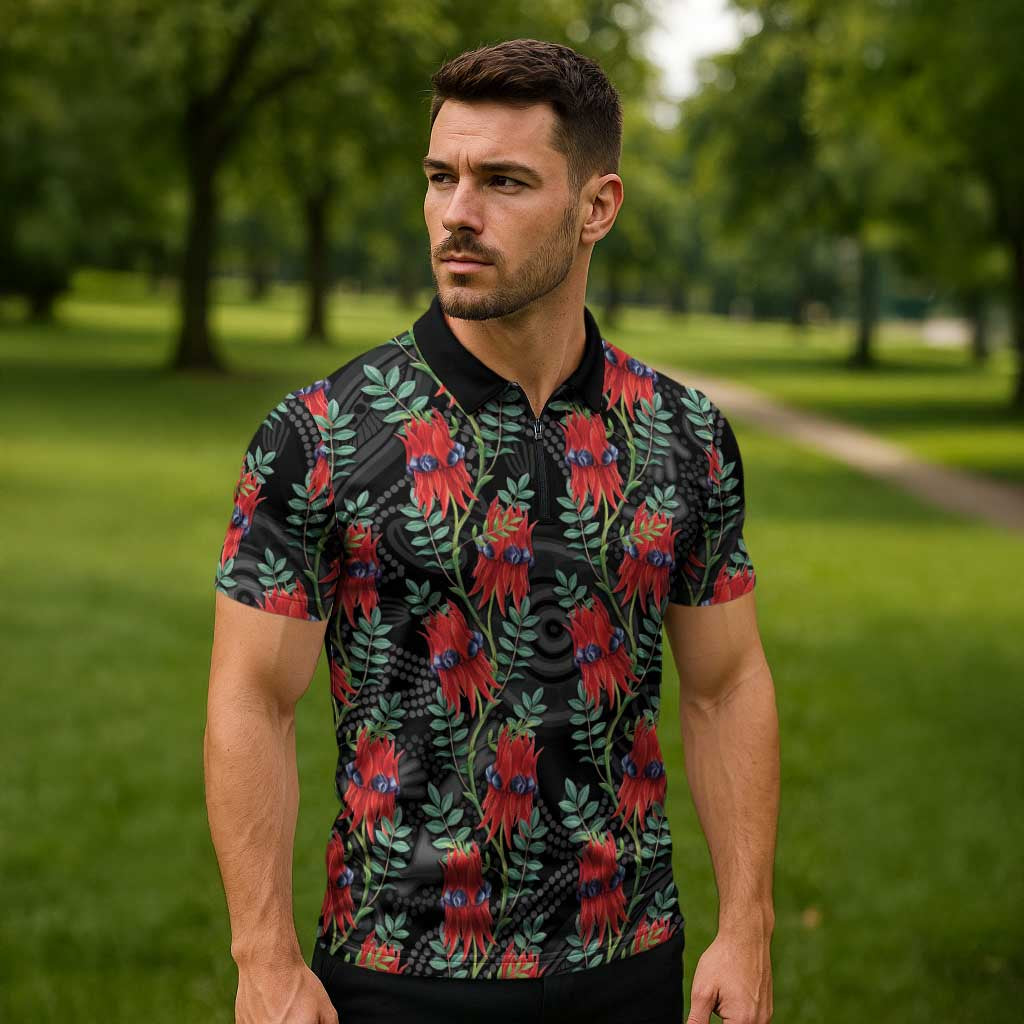 Australia Sturt's Desert Pea Zipper Polo Shirt Aussie Native Flowers Indigenous Art - Aussie Hoodie