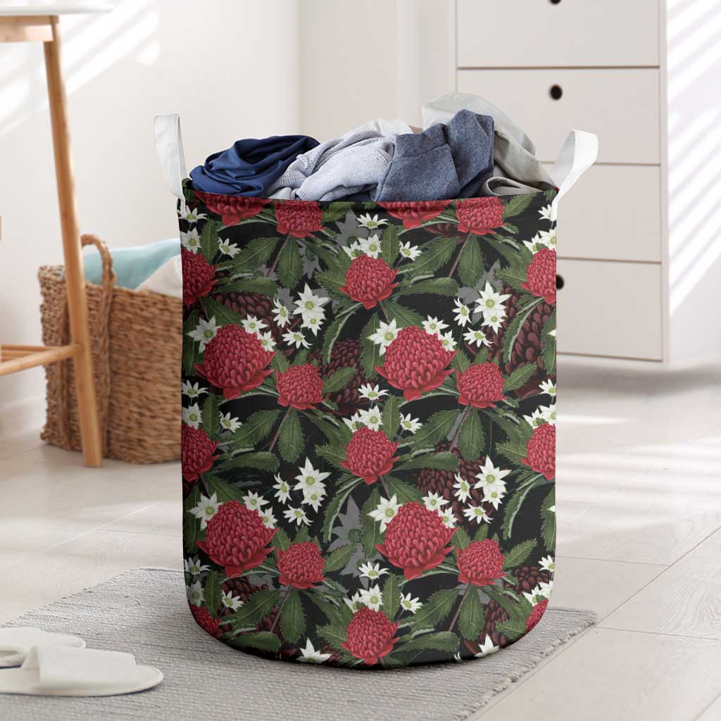 Australia Waratah Flannel Flower Laundry Basket Aussie Native Flowers Seamless Stylized - Aussie Hoodie