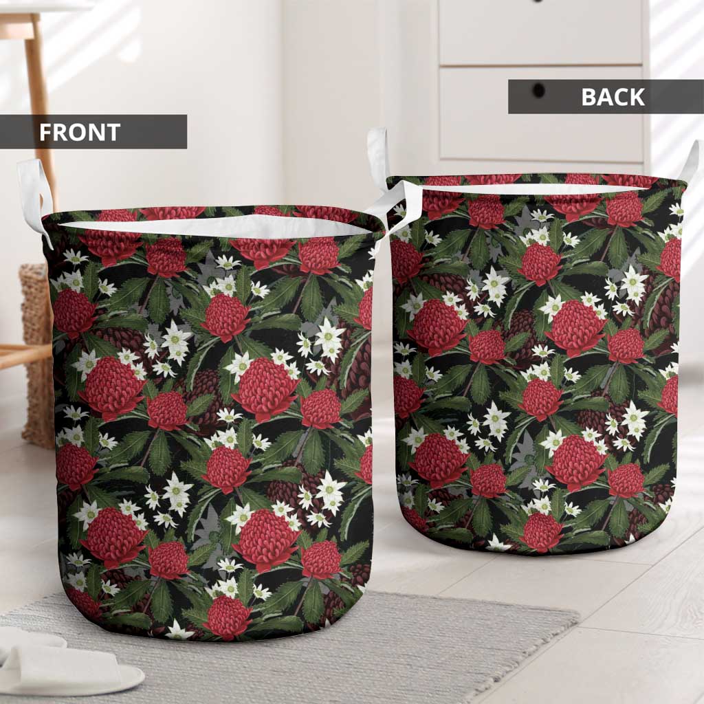 Australia Waratah Flannel Flower Laundry Basket Aussie Native Flowers Seamless Stylized - Aussie Hoodie