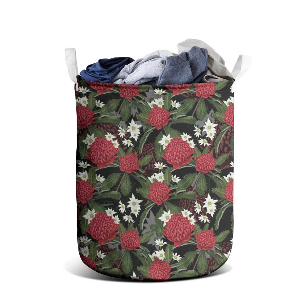 Australia Waratah Flannel Flower Laundry Basket Aussie Native Flowers Seamless Stylized - Aussie Hoodie